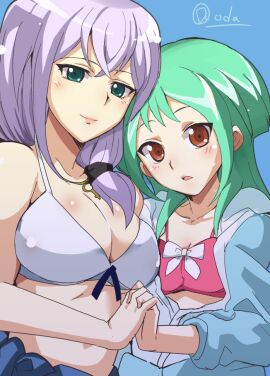 2girls anjou_tokoha breasts cardfight!!_vanguard cardfight!!_vanguard_g female flat_chest handholding medium_breasts no_nude no_sex swimsuit tokura_misaki