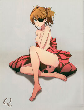 1girls absurd_res artistic_error asuka_langley_sohryu bad_anatomy bad_feet bar_censor bare_shoulders barefoot blue_eyes blush breasts cameltoe censored eyepatch feet female female_only hi_res legs long_hair looking_at_viewer mebae neon_genesis_evangelion nipples orange_hair pussy rebuild_of_evangelion scan sitting small_breasts solo toes