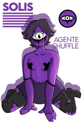1_eye acs_(scp) agente_shuffle artist_name belly belly_button breast_sticker breasts cyclops female fishnet_armwear fishnets hands_on_floor kneeling logo purple_eyes purple_hair purple_skin runny_makeup scp_foundation short_hair sitting solis_(scp) solo stickers stickers_on_body torn_clothes torn_legwear torn_thighhighs