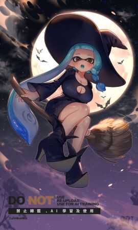1girls :o bat_(animal) black_boots black_dress black_hat blue_hair blue_tongue boots braid breasts broom broom_riding brown_eyes cleavage cleavage_cutout clothing_cutout colored_tongue commentary dress english_commentary female full_body full_moon hat highres inkling inkling_girl inkling_player_character jinkoika large_breasts long_hair long_sleeves midair moon night night_sky nintendo open_mouth pointy_boots pointy_ears single_braid sky solo splatoon splatoon_(series) tentacle_hair very_long_hair wide_sleeves witch witch_hat