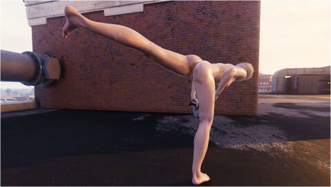 3d completely_naked completely_nude female female_dominating_male femdom futuristic_gun guns kicking male marvel marvel_comics nude nude_female pussy pussy_lips silver_hair silver_sable silver_sable_(insomniac) silver_sablinova spider-man_(ps4) spider-man_(series)