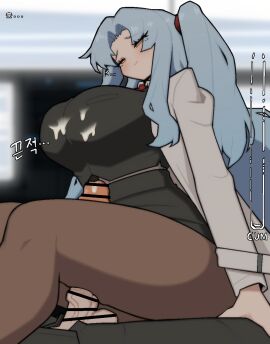 angela_(lobotomy_corporation) bori_(3910234) breasts censored cum_on_breasts female lobotomy_corporation project_moon tagme text thigh_sex