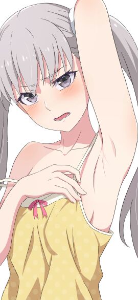 arm_up armpits bare_arms bare_shoulders blush body_blush breasts camisole camui1104 collarbone female grey_eyes grey_hair long_hair monogatari_(series) no_bra oikura_sodachi open_mouth sideboob strap_slip tongue twintails