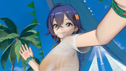 1girls 3d animated ass belle_(summer_skies)_(zenless_zone_zero) belle_(zenless_zone_zero) blue_hair booty_shorts dab_neko enni_pg female grin holding_camera hoyoverse low-angle_view mihoyo mp4 music pov shaking_butt sound tagme twerking v video zenless_zone_zero