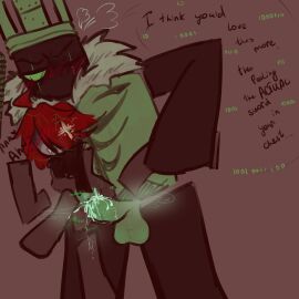 1boy 1girls 1x1x1x1 1x1x1x1_(tr:ud) balls big_penis blocky_body canon_x_oc domino_crown english_text female green_penis male no_background original_character penis pussy questionable_consent red_hair roblox roblox_game robloxian short_hair size_difference source_request speech_bubble standing_sex straight text the_robloxia:_until_dawn vaginal_penetration