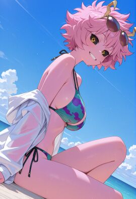 1girl ai_generated bare_shoulders beach bikini black_sclera blue_sky breasts day eyewear_on_head green_bikini grin horns large_breasts looking_at_viewer messy_hair mina_ashido my_hero_academia ocean off_shoulder outdoors owari_wan pink_hair pink_skin short_hair side-tie_bikini sitting sky smile solo sunglasses swimsuit yellow_eyes