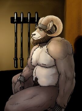 2021 5_fingers anthro beard bighorn_sheep biped black_nose bovid brown_beard brown_body brown_eyebrows brown_facial_hair brown_fur brown_pubes brownkuma caprine carl_hendricks colored echo_(game) echo_(series) echo_project eyebrows facial_hair fingers fur green_eyes hi_res horn humanoid_hands male mammal multicolored_body multicolored_fur musclegut muscular pubes sheep solo tan_body tan_fur two-tone_body two-tone_fur workout_equipment