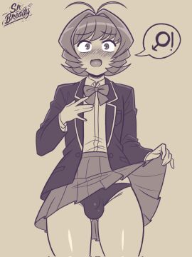 1other ambiguous_gender blush bulge femboy komi-san_wa_komyushou_desu komi_can't_communicate looking_at_viewer male monochrome osana_najimi panties panty_bulge penis penis_in_panties school_uniform semi_nude short_hair skirt_lift solo solo_ambiguous srbready standing tagme