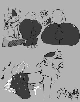 anon anthro ass big_ass big_butt black_butt blumu bodily_fluids cum cum_in_ass cum_inside cum_on_penis duo faceless_character faceless_male feral fluffy genital_fluids genitals hi_res humanoid kurusono male male/male money penis prostitution short_tail sketch_page speech_bubble tail tamekui text thick_thighs tongue tongue_out zoophilia
