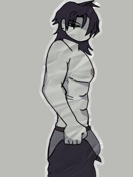 1_eye 1boy 2d 5_fingers abs bare_arms bare_chest bare_midriff bare_shoulders black_hair black_pants blank_background d00dlen00dle fanart fpe fpe_oc fundamental_paper_education fundamental_paper_education_oc hands_on_hips looking_at_viewer male male_focus male_only midriff mister_reiner muscles muscular muscular_chest muscular_male nipples no_sex no_shirt one_eye_visible original_character pants paper_texture sfw side_view solo solo_focus solo_male white_body white_outline