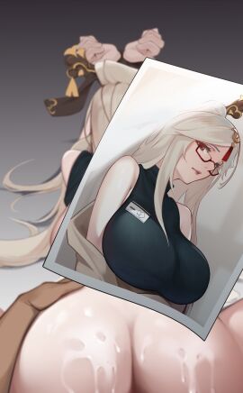 1boy 1girls ass breasts cum cum_on_ass eyewear female genshin_impact glasses grey_hair hair_ornament huge_breasts long_hair male ningguang_(genshin_impact) photo_(object) pov red_eyes scarecrow_(7319) semi-rimless_eyewear sex sex_from_behind