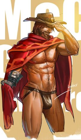 1boy activision bara beard blizzard_entertainment brown_hair bulge cole_cassidy cowboy_hat facial_hair gay hairy hairy_chest jockstrap looking_at_viewer male male_focus male_nipples male_only male_pubic_hair masculine_male muscular muscular_chest muscular_male nipples overwatch overwatch_2 pubic_hair seanhexiao solo solo_male underwear yaoi