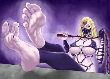 1girls barefoot bdsm_gear bdsm_outfit big_breasts black_eyes blonde_hair bondage breasts feet feet_crossed female femdom heart holding_whip horny horny_female kaijin_hime_do-s legs legs_crossed mask mommy mommy_kink monster monster_girl one-punch_man pickyfitter pink_eyes pointy_fingernails purple_background purple_boots purple_fingernails purple_outfit purple_skin sharp_fingernails whip