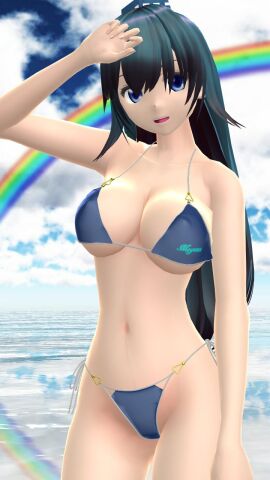 1girls 2023 3d beach belly_button bikini blue_bikini blue_eyes breasts cleavage clouds dark_blue_hair female hati_yukkuri_mmd iizunamaru_megumu light-skinned_female light_skin long-haired_female looking_at_viewer mmd one_arm_up open_mouth outdoors rainbow sky solo_female solo_focus swimsuit tengu tokin_hat touhou unconnected_marketeers waist youkai