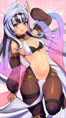 1girls black_hair breasts dancer dancer_outfit dancing dorothea_arnault_(plegian)_(cosplay) female fire_emblem fire_emblem_engage grey_hair looking_at_viewer multicolored_hair nintendo open_mouth plegian purple_eyes r123 small_breasts smile thick_thighs thighs veyle_(fire_emblem)