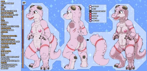 3_toes anthro anus arm_scar bald bellissima black_claws black_horn breasts claws cut_horn digitigrade feet female front_view genitals horn kitsune_youkai kobold leg_scar married model_sheet nipples non-mammal_breasts pink_body pink_eyes pink_nipples pink_scales pussy rear_view scales scalie scar scar_on_body scars_all_over short solo toes