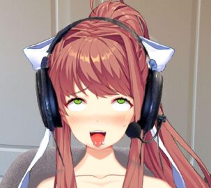 ahe_gao ahegao_face brown_hair cleavage conrad_honey doki_doki_literature_club downbadddlc_(doki_doki_literature_club) edit edited edited_image female green_eyes headphones monika_(doki_doki_literature_club) nude nude_female real_person school_uniform twitter twitter_user_sona twitter_username x_(social_media)
