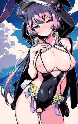 @_@ animal_ears blush breastless_swimsuit breasts cloud cloudy_sky commentary_request contrapposto cowboy_shot crotchless crotchless_swimsuit demusato_(udmp) female flower hair_flower hair_ornament hand_on_own_chest highres hood large_breasts one-piece_swimsuit pixel_art purple_ribbon rabbit_ears rabbit_tail ribbon sky standing swimsuit tail tearing_up voiceroid wavy_mouth yuzuki_yukari