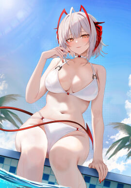 arknights arm_support big_breasts bikini blush breasts cameltoe choker female large_breasts nail_polish painted_nails pussy red_nails ru_zhai sitting smug smug_face smug_smile swimsuit thighs w_(arknights) white_bikini