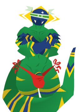 anonymous_artist aura brazil brazil_(countryhumans) bulge claws crossed_arms fangs green_body hidden_eyes lineless male male_only muscular penis penis_peek snake_tail stripes thong white_background