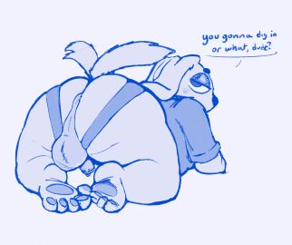2024 4_toes all_fours anthro anus ass ass_up backsack balls ballsack beckoning big_ass big_butt biped blue_and_white bottomless canid canine canis clothed clothing dialogue domestic_dog english_text feet foreskin genitals gesture half-closed_eyes hi_res hindpaw inviting_viewer lidded_eyes looking_at_viewer looking_back looking_back_at_viewer male mammal mascotfucker monochrome narrowed_eyes overweight overweight_anthro overweight_male pawpads paws penis presenting presenting_hindquarters rear_view requesting sex_request shirt solo speech_bubble tail tail_motion tailwag talking_to_viewer text thick_thighs toes topwear uncircumcised