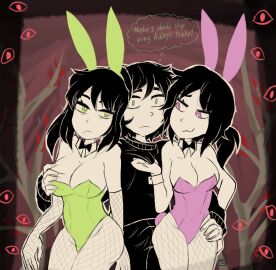 andrew_graves animal_ears ashley_graves bags_under_eyes black_hair bowtie bowtie_collar breast_grab breasts brother_and_sister bulge bulge_through_clothing bunny_ears bunny_girl cleavage english_text eyes female fishnet_armwear fishnet_legwear green_eyes hand_on_hip human leaves legwear leotard male mother_and_children mother_and_daughter mother_and_son pink_eyes renee_graves spec_almond_(artist) the_coffin_of_andy_and_leyley thighs thought_bubble trees wrist_cuffs