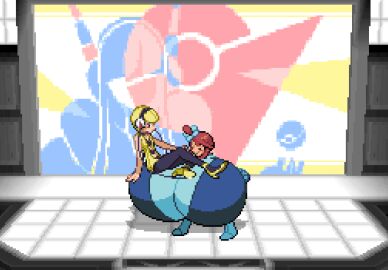 2024 2girls alternate_breast_size blonde_hair blue_eyes blush boots breasts echoednewt elesa_(pokemon) elesa_(pokemon_bw) embarrassed embarrassed_female female female_only game_freak gigantic_breasts gloves gym_leader hand_on_breast happy headgear headphones headwear high_heels human hyper hyper_breasts leaning leaning_back leggings legs lesbian_couple light-skinned_female light_skin long_legs lying lying_on_breasts nintendo pale-skinned_female pale_skin pixel_art pokemon pokemon_bw pokemon_bw2 red-haired_female red_hair screen shirt short_hair shorts skyla_(pokemon) small_breasts smile stage stage_lights stage_show standing straps wires yuri