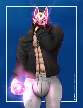 1boy blue_background bulge chains drift_(fortnite) fortnite fortnite:_battle_royale gloves glowing_eyes glowing_orb hyper hyper_bulge male male_only mask masked masked_male muscular muscular_male solo vikifox_(artist)