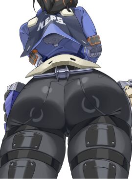 1girls ass ass_focus black_hair black_pants blue_jacket cowboy_shot female from_behind from_below goma. handlebar handles hi_res huge_ass jacket long_hair multicolored_hair pants police police_uniform red_hair simple_background solo standing streaked_hair thighs uniform white_background zenless_zone_zero zhu_yuan