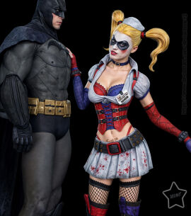 1boy 1girls 3d 3d_(artwork) artist_logo batman batman:_arkham_asylum batman_(bruce_wayne) batman_(series) big_breasts blonde_hair breasts bruce_wayne corset curvaceous curvy curvy_figure dc dc_comics deviantstar12 domino_mask female fishnet_stockings harley_quinn harley_quinn_(arkham_asylum) hero hourglass_figure legs light-skinned_female light-skinned_male light_skin male miniskirt pigtails skirt slim_waist straight superhero villain villainess