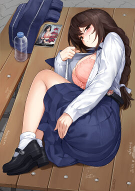 1girls ass big_breasts blush bra breasts female full_body gao-lukchup gao_(gaolukchup) on_side skirt smile solo water_bottle