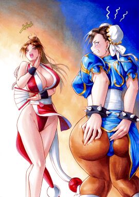 2girls absurdres annoyed aoizayou ass breasts brown_eyes brown_hair bun_cover capcom capcom_vs_snk catfight chun-li cleavage crossover death_battle double_bun dress embarrassed fatal_fury fatal_fury:_city_of_the_wolves female female_focus hair_bun highres implied_anal implied_sex implied_strap-on kancho king_of_fighters large_breasts laughing long_hair mai_shiranui matching_hair/eyes mocking multiple_females multiple_girls pantyhose pelvic_curtain qipao revealing_clothes snk spanking street_fighter street_fighter_6 thick_ass voluptuous yuri