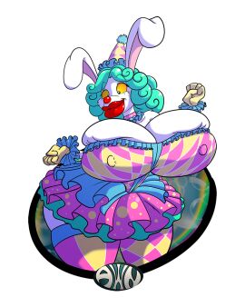 a_witty_name after_transformation blue_hair breasts bunny_girl cleavage clown curly_hair erect_nipples female furry happy_trance hat huge_breasts kaa_eyes nipples original post-transformation short_hair transformation western