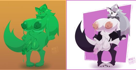 anthro big_breasts breasts canid canid_demon canine canis demon domestic_dog dripping duo erection futanari genitals goo_creature goo_drip gooeyark hellhound helluva_boss hi_res huge_breasts hyper hyper_breasts intersex loona_(helluva_boss) mammal melting mythological_canine mythological_creature mythology negullust oozing penis tail transformation