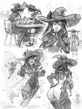 1boy 1girls angry ass calamari_cakes embarrassed eula_(genshin_impact) female fully_clothed genshin_impact greyscale hat large_hat male mona_(genshin_impact) partially_clothed ripped_clothing scaramouche_(genshin_impact) shocked sitting sucrose_(genshin_impact) table torn_clothes venti_(genshin_impact) wardrobe_malfunction witch_hat