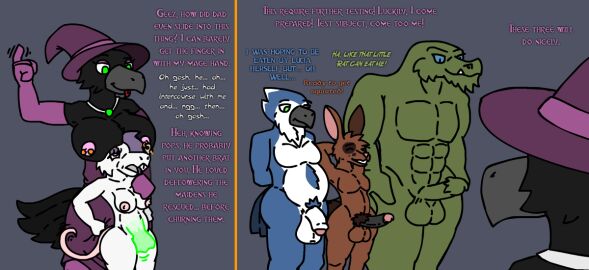 anthro avian balls beckoning big_balls big_breasts bird blue_jay breasts corvid corvus_(genus) crocodilian crow dialogue eager erection female genitals gesture group imminent_sex imminent_vore jay_(bird) kakroon lagomorph larger_male leporid magic magic_user male mammal murid murine musclegut muscular muscular_male new_world_jay oscine passerine piercing pussy rabbit rat reptile rodent rubbing_pussy scalie size_difference smaller_female smaller_male witch