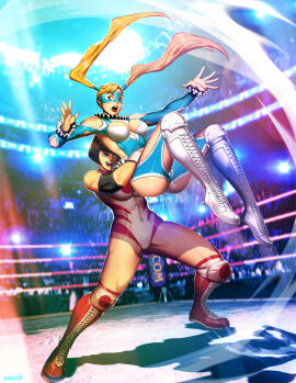 2girls black_hair blue_leotard breasts catfight cleavage cleavage_cutout clothing_cutout commentary crowd domino_mask english_commentary female full_body genzoman large_breasts leotard lifting_person mask multiple_females multiple_girls official_art photoshop_(medium) rainbow_mika stadium street_fighter street_fighter_v wrestling wrestling_outfit yamato_nadeshiko_(street_fighter)