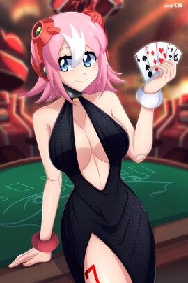 1girls big_breasts black_dress blue_eyes breasts female holding_cards mega_man mega_man_x mega_man_x_dive nana_(mega_man) pink_hair robarts_hallway robot_girl