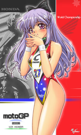 1girls breasts female hairbow highleg highleg_leotard leotard long_hair looking_at_viewer moto_gp multicolored_leotard o-ring o-ring_leotard original painted_fingernails purple_eyes purple_hair r1 race_queen small_breasts wristband