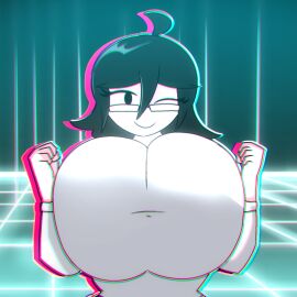 1female 1girls background black_hair boobs_bigger_than_head breasts breasts_bigger_than_head busty_female busty_girl clothed clothed_female clothing cyber_sensation friday_night_funkin friday_night_funkin_mod glasses hoodie looking_at_viewer massive_breasts one_eye_closed only_female smile squeezing_breast taeyai talia_(taeyai) tits_bigger_than_head voluptuous voluptuous_female white_clothing wink