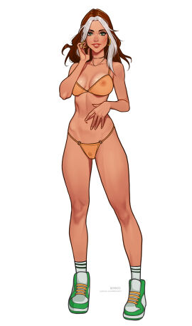 1girls 2d 2d_(artwork) areolae bikini_bottom bikini_top breasts brown_hair earrings female female_focus female_only green_eyes hi_res high_resolution highres looking_at_viewer marvel marvel_comics minko necklace nipples_visible_through_clothing olena_minko pubic_hair pubic_hair_visible_through_clothing rogue_(x-men) see-through see-through_clothing simple_background smile smiling_at_viewer sneakers socks solo solo_female solo_focus two-tone_hair white_hair x-men