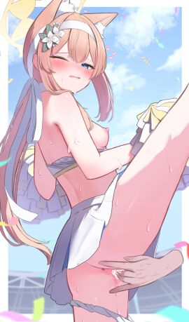 animal_ear_fluff animal_ears anus ass blue_archive blue_eyes blue_sky blush border breasts cheerleader cloud commentary_request confetti day disembodied_hand double-parted_bangs female fingering flower furrowed_brow hair_flower hair_ornament hairband half-closed_eye halo heart highres holding holding_pom_poms leg_up long_hair looking_at_viewer low_ponytail mari_(blue_archive) medium_breasts millennium_cheerleader_outfit_(blue_archive) miniskirt nipples one_eye_closed orange_hair outdoors outside_border paid_reward_available panties panties_around_one_leg parted_lips pleated_skirt pom_pom_(cheerleading) pussy pussy_juice skirt sky standing standing_on_one_leg sweat takeroku turning_head underwear vaginal_penetration very_long_hair wavy_mouth white_border white_flower white_hairband white_panties white_skirt yellow_halo