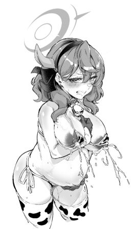 1girls ako_(blue_archive) angry animal_print bell bikini blue_archive breasts clenched_teeth cow_print cow_print_bikini cow_print_thighhighs cowbell crescent_halo female gehenna_academy_student greyscale halo hand_on_own_stomach large_breasts medium_hair monochrome mori_shin_risuku neck_bell prefect_team_(blue_archive) pregnant print_bikini print_thighhighs solo swimsuit teeth thighhighs wavy_hair