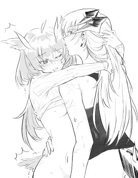 2girls absurdres animal_ears arknights arms_around_neck bird_ears bird_tail blush bottomless breasts clothes_lift commentary dragon_horns dragon_tail fingering greyscale hand_on_another's_waist highres horns kissing kissing_forehead long_hair medium_breasts monochrome multiple_girls nipples open_mouth rotem_02 saria_(arknights) silence_(arknights) sweater sweater_lift tail tank_top yuri
