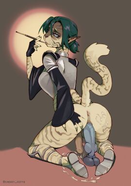 absurd_res anthro anus ass blush bodily_fluids cathar cherry_kotya cigarette clothing cum cum_heart cum_on_butt cum_on_ground dildo dildo_sitting fingerless_gloves footwear full-length_portrait fur genital_fluids genitals gloves handwear herm hi_res humanoid_pointy_ears intersex knot knotted_dildo looking_at_viewer looking_back penetration penis pointy_ears portrait sex_toy shoes solo striped_body striped_fur stripes tail toy vaginal_penetration vulva