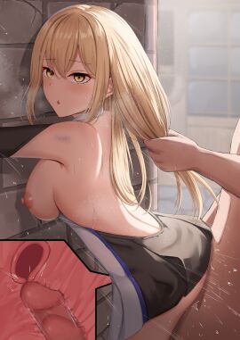 1boy 1girls against_wall aiz_wallenstein alley arched_back bangs bare_back bare_shoulders bite_mark bite_mark_on_shoulder blonde_hair blush breasts breasts_out censored dark-skinned_male dark_skin dress dungeon_ni_deai_wo_motomeru_no_wa_machigatteiru_darou_ka elbow_gloves female female_focus fucked_from_behind gloves gold_eyes hair_grab hair_pull high_resolution highres kanata_(kanade_pa) light-skinned_female light_skin long_hair looking_at_viewer male medium_breasts mosaic_censoring nipples open_eyes open_mouth partially_clothed partially_clothed_female penis penis_in_pussy pussy sex sex_from_behind sideboob straight sweat thrusting uterus vaginal_penetration vaginal_sex x-ray x-ray_view