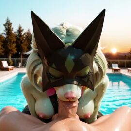 ai_generated animated anthro breasts fellatio fellatio_pov female first_person_view human_on_anthro humanoid_genitalia humanoid_penis looking_at_viewer looking_pleasured male_pov meowscarada nipples oral_penetration sunset swimming_pool tagme video