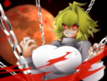 00s antenna_hair arcueid_brunestud ato_(bfj315) bags_under_eyes blonde_hair blood_splatter breasts chains covered_erect_nipples female full_moon grin hair_intakes impossible_clothes impossible_sweater large_breasts melty_blood moon red_arcueid red_moon sharp_teeth short_hair smile solo sweater teeth tsukihime turtleneck yellow_eyes