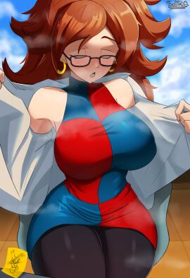 1girls android_21 android_21_(human) big_breasts blush breasts brown_hair closed_eyes clothing dragon_ball ear_piercing earrings eyewear female female_only glasses hair hips huge_breasts krillin kuririn open_coat png sol-sama_d2 solo solo_female steam steaming_body steamy sweat sweatdrop thighs vomi_(dragon_ball) when_you_see_it wide_hips