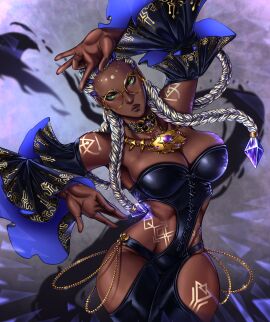 1girls african african_female big_breasts black_panties bodypaint braid braided_hair braided_ponytail breasts busty cleavage clothed corset dark-skinned_female dark_skin dolores_(kof) dress earrings eye_contact female glasses gold gold_(metal) gold_jewelry green_eyes hand_gesture huge_breasts jewelry king_of_fighters long_hair looking_at_viewer necklace panties pov pov_eye_contact purple_hair round_glasses thick thick_legs thick_lips thick_thighs thighs tied_hair two-tone_hair underwear voluptuous voluptuous_female white_hair wide_hips